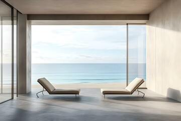 Terrace and windows with sea and beach view. Empty balcony room with panoramic glass and two chaise longues. Concrete space in beige and gray colors