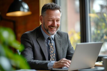 Happy smiling middle aged professional business man company executive ceo manager wearing suit sitting at desk in office working on laptop computer laughing at workplace. Authentic candid