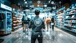 © improvee design - Man stands in a retail store with digital overlays of shopping cart icons, data, and technology symbols represents the future of retail and the integration of technology into the shopping experience.