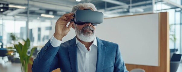 Poster - A man wearing virtual reality goggles in a modern office setting.