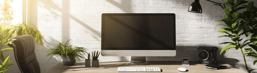 Poster - A modern workspace featuring a computer, plants, and a camera, emphasizing productivity.