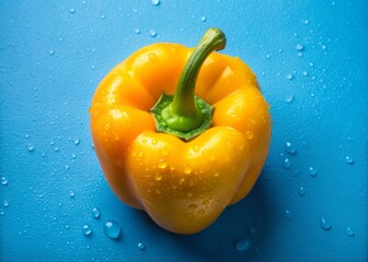 Close-Up of Yellow Raw Bell Pepper with Water Drops on Blue Background for Fresh Produce Photography