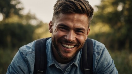 young happy man smiling while sitting in park.