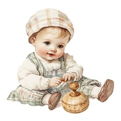 Wall Mural - Watercolor illustration of a cute baby playing with a wooden toy.