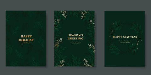 Wall Mural - Luxury Happy Holidays invitation card design vector. Elegant Happy New Year card with leaves branch, gold foil texture on green background. Design for Season's Greeting, christmas, cover, poster.