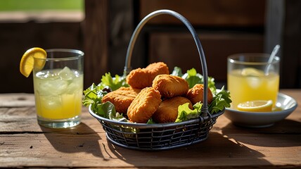 Chicken nuggets are served in a rustic metal basket with a side of fresh salad and a glass of lemonade.