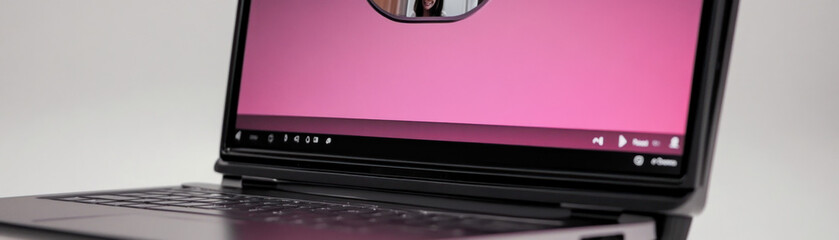 Wall Mural - A laptop displaying a pink screen with a video interface.