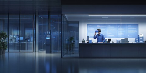 Poster - A modern office scene featuring a person using virtual reality technology.