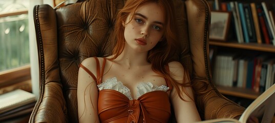 beautiful young woman with red hair sits in a leather armchair, wearing a stylish orange top with lace, holding a book, and gazing thoughtfully into the distance