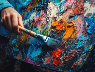 Poster - A hand holds a paintbrush over a vibrant, colorful palette of mixed paints.