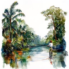 Wall Mural - Watercolor Painting of a Man Fishing in a Tropical River.