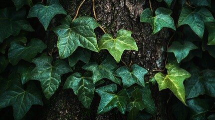 Wall Mural - lush green ivy leaves growing on a rough tree trunk, lit by sunlight.