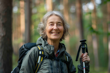 Senior smiling sporty woman nordic walk poles summer forest park. AI generative