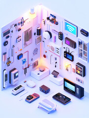 Poster - A 3D illustration of various tech gadgets and devices arranged on a wall.