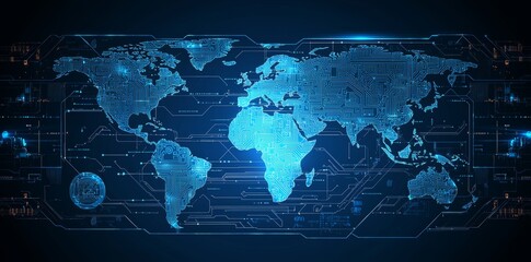 Grid sector world map illustration with futuristic digital communications and technology background.