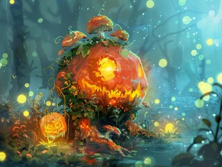 Canvas Print - Enchanted Halloween Pumpkin in a Glowing Forest