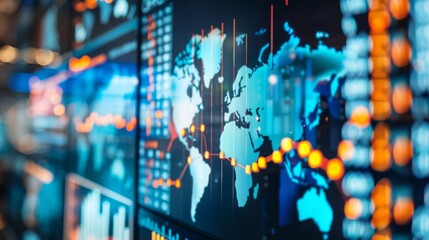 Close-up of digital world map with highlighted countries and trade routes, visualizing the impact of tariffs on global trade and rising economic tension through a graph.