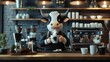 © Praewpyora - A cartoon cow barista serves coffee with love in a cozy café setting decorated with warm wooden shelves and trendy lighting