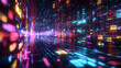 © HQAsset - Abstract 3D Rendering of a Neon Digital Corridor with Glowing Lines and Patterns