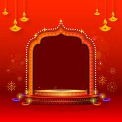 Indian Diwali background. Podium, home decorated with lights, and a vibrant red background. Holiday greeting, Post card, poster, banner and social media template.