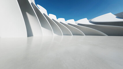 Wall Mural - 3d render of white futuristic architecture, abstract wavy structure with empty concrete floor