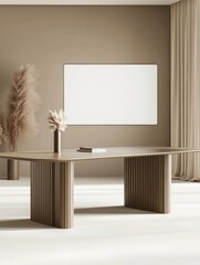 Poster - Minimalist office space with a modern desk, neutral tones, and decorative plants.