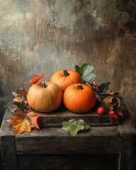 Wall Mural - Autumn still life with fresh pumpkins and leaves on wooden board