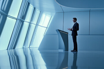 Poster - A businessman stands at a podium in a modern, sleek conference room, preparing to speak.