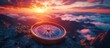 © cusniatul - Compass on a mountain peak at sunset with clouds and a view.