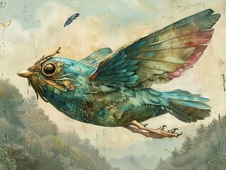 Wall Mural - Steampunk Bird in Flight: A Whimsical Fantasy Illustration