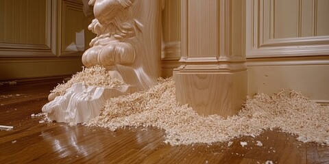 Canvas Print - A wooden column with shavings scattered on the floor, indicating recent craftsmanship.