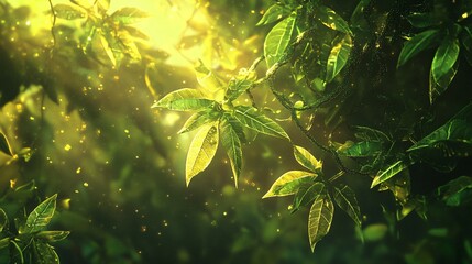 Wall Mural - lush green leaves with sunlight streaming through the canopy.