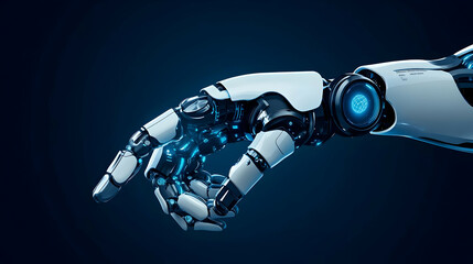 A Close-Up of a White Robotic Hand with Blue Glowing Lights and a Circular Detail on its Forearm, Against a Dark Blue Background.