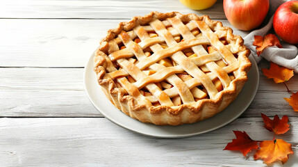 Delicious Homemade Apple Pie with Autumn Leaves.