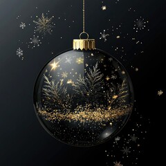 Winter holiday illustration, black and gold Christmas decorations, big transparent ball with background