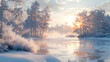 © Галя Дорожинська - A peaceful winter setting showcases a frozen lake reflecting the warm glow of sunset. Generative AI