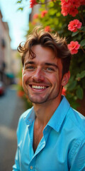 Wall Mural - A smiling young Caucasian man with short red hair, wearing a light blue shirt against a blurred background