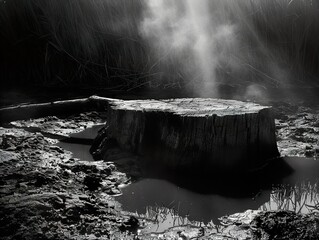 Sticker - A Tree Stump in a Foggy Forest