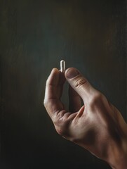 Poster - A hand gracefully holds a small white capsule, illuminated softly, surrounded by a dark background that enhances the focus. Generative AI