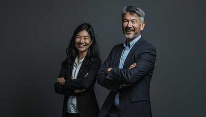 Photo of two happy diverse professional people, smiling at the camera, wearing a business suit dressed in a grey. multi ethnic business couple posing arms crossed copy space and new isolated