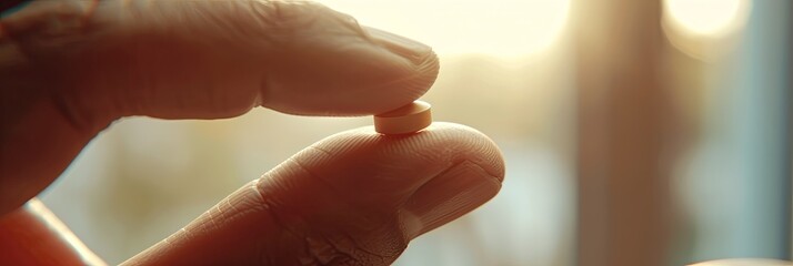 Leinwandbilder - A hand gently holds a small pill, illuminated by warm sunlight filtering through a window at dawn, symbolizing health and wellness. Generative AI