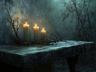 Wall Mural - creepy night scene with candles and branches on rustic table