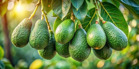 Wall Mural - A Cluster of Ripe Avocados Hanging From a Lush Tree Branch, Bathed in Warm Sunlight