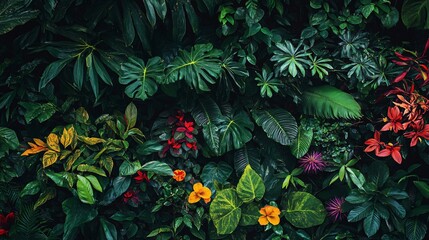 Lush green tropical foliage with pops of red and orange flowers.