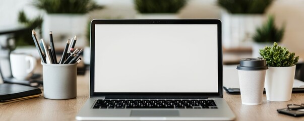 Canvas Print - A clean workspace featuring a laptop, stationery, plants, and a coffee cup.