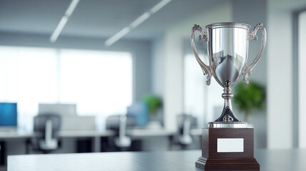 Canvas Print - A shiny trophy on a table in a modern office setting, symbolizing achievement and success.