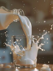 Fresh milk cascades from a bottle into a glass, creating dynamic splashes that bring life to the kitchen environment. Generative AI