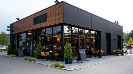 Modern restaurant exterior featuring large windows, outdoor seating, and stylish architecture in an urban setting.