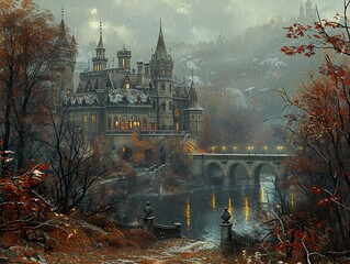 Canvas Print - Enchanted Castle in the Rain: A Romantic Autumn Scene