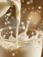 Poster - A glass is filled with fresh milk as it is poured, resulting in dynamic splashes and droplets that create a refreshing atmosphere. Generative AI